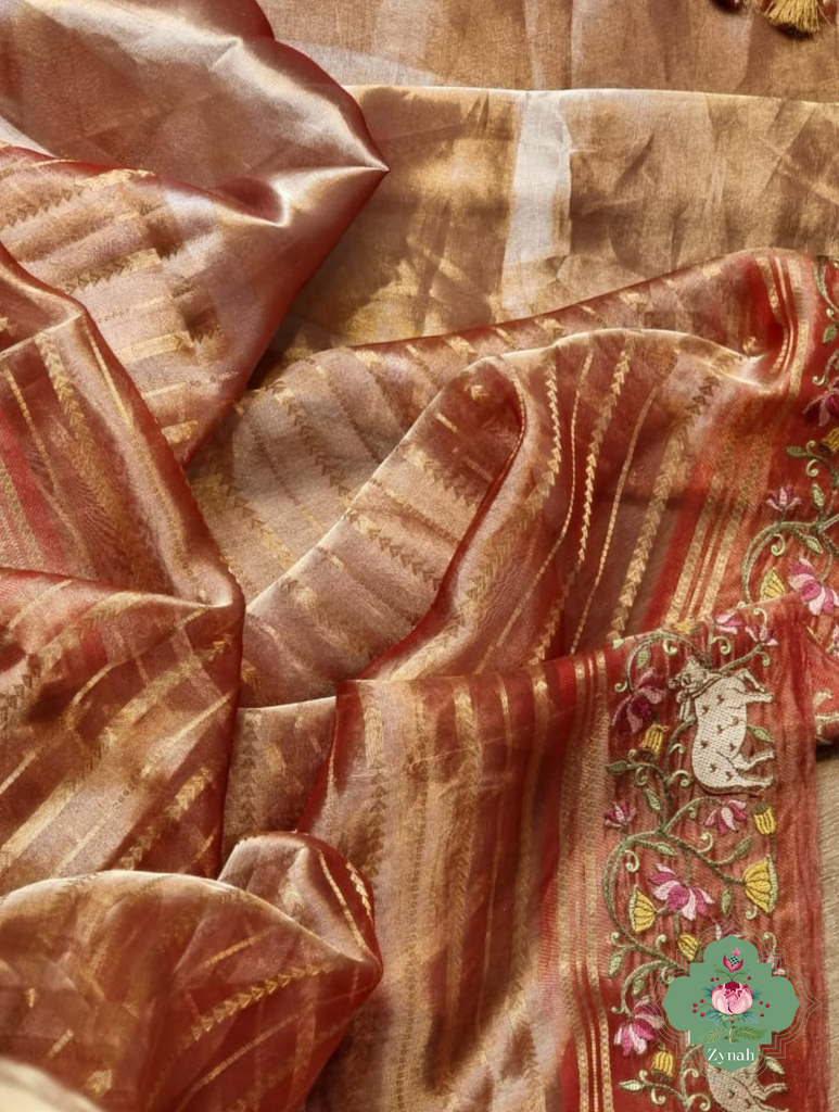 Rust Pure Silver Tissue Silk Saree With Banarasi Stripes, Katan Pallu & Pichwai Embroidery 3