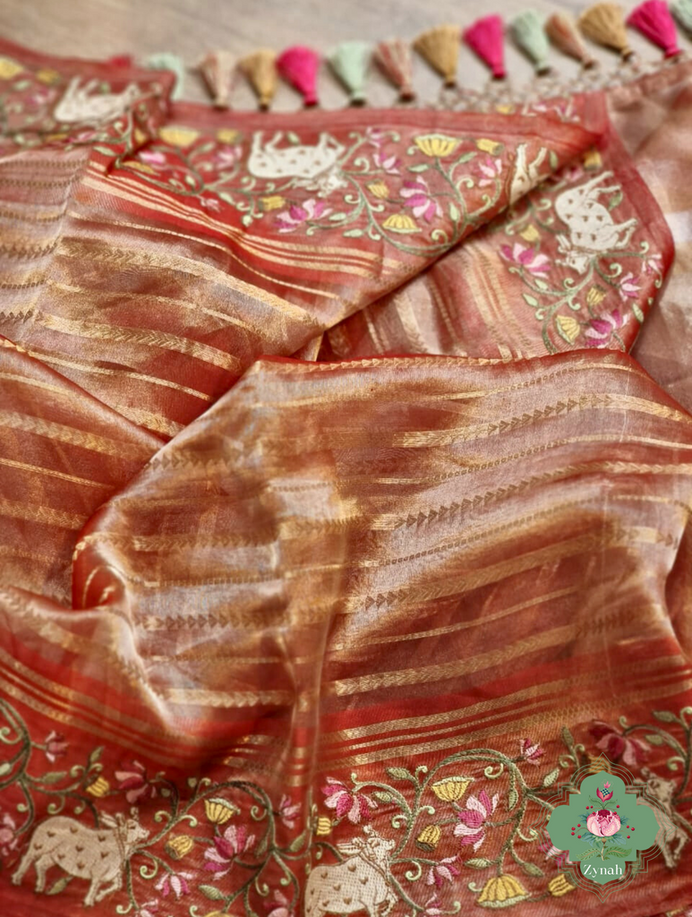 Rust Pure Silver Tissue Silk Saree With Banarasi Stripes, Katan Pallu & Pichwai Embroidery 4