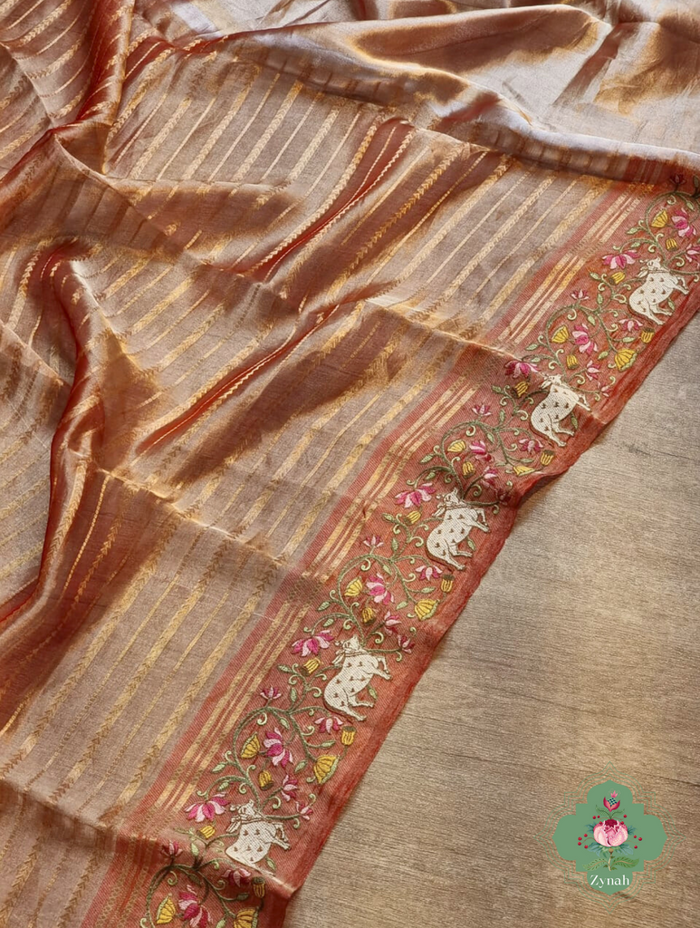 Rust Pure Silver Tissue Silk Saree With Banarasi Stripes, Katan Pallu & Pichwai Embroidery 6