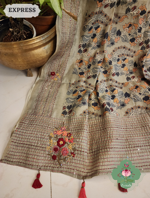 Zynah Sage Green Jute Tussar Kalamkari Saree, Frenchknot Motifs & Kantha Hand Embroidery at Pallu & Border & Sequins; Custom Stitched/Ready-made Blouse, Fall, Petticoat; SKU: 0805202306