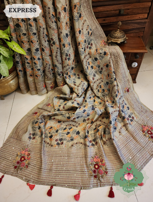 Zynah Sage Green Jute Tussar Kalamkari Saree, Frenchknot Motifs & Kantha Hand Embroidery at Pallu & Border & Sequins; Custom Stitched/Ready-made Blouse, Fall, Petticoat; SKU: 0805202306