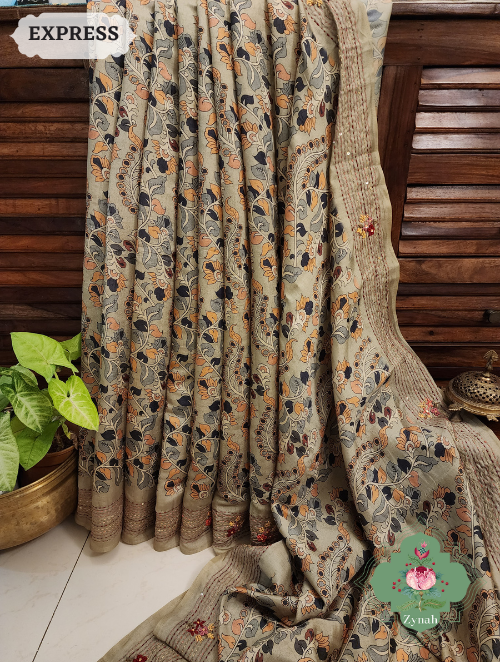Zynah Sage Green Jute Tussar Kalamkari Saree, Frenchknot Motifs & Kantha Hand Embroidery at Pallu & Border & Sequins; Custom Stitched/Ready-made Blouse, Fall, Petticoat; SKU: 0805202306