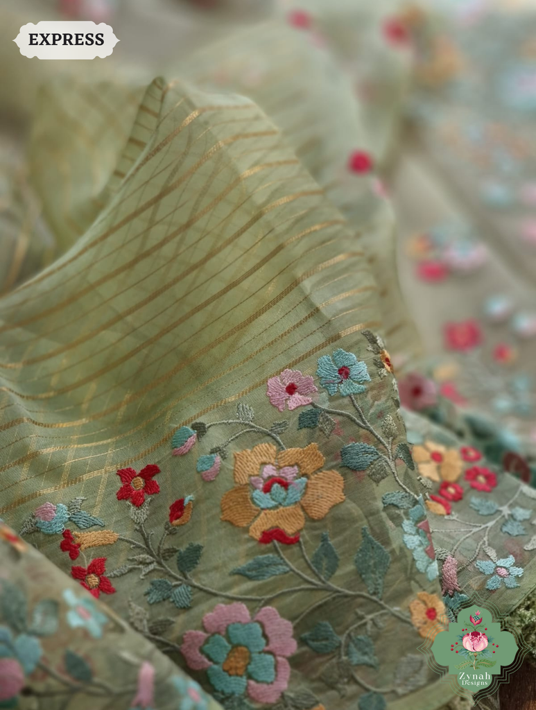 Sage Green Organza Silk Saree 3