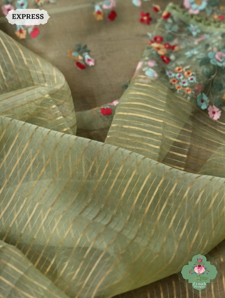 Sage Green Organza Silk Saree 5