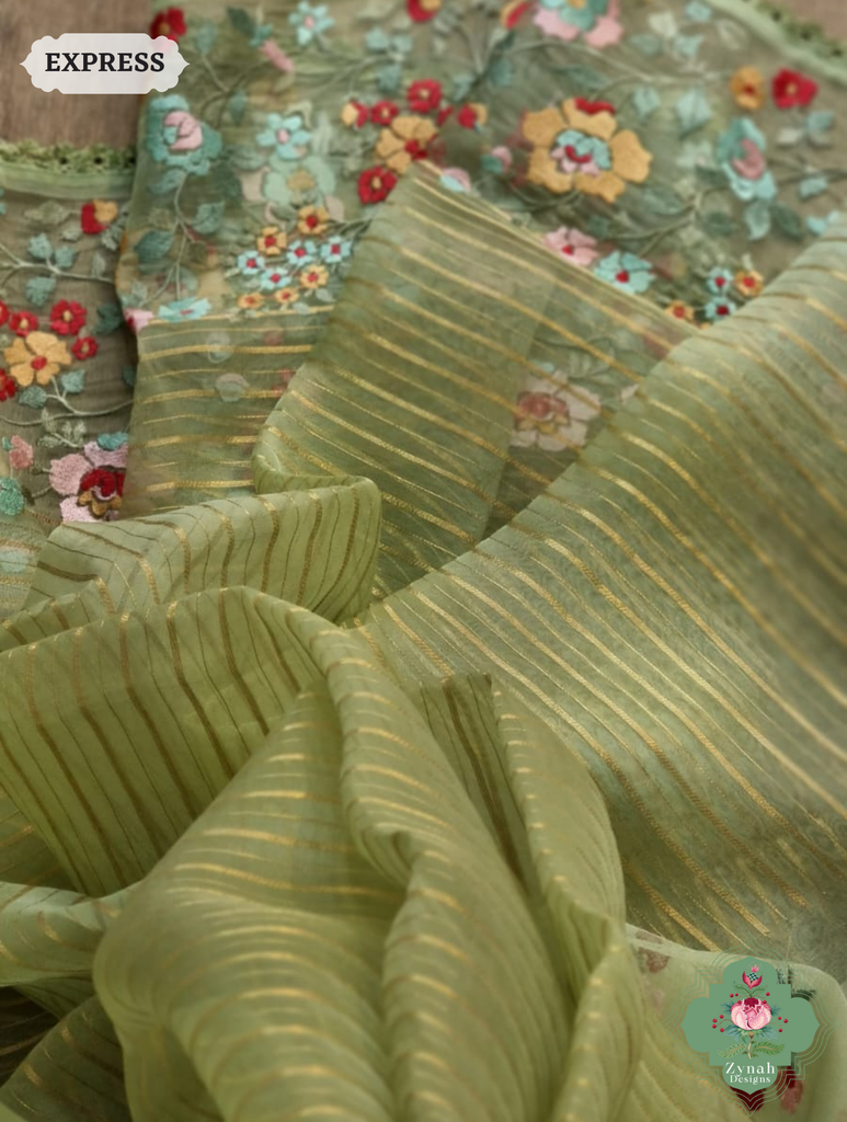 Sage Green Organza Silk Saree 6