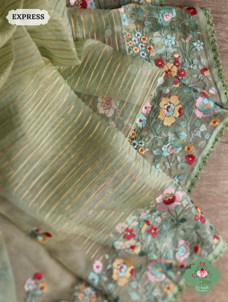 Sage Green Organza Silk Saree 7