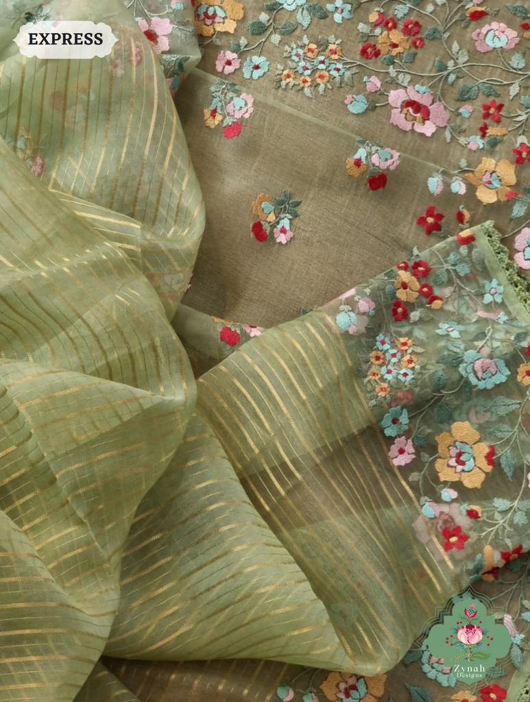 Sage Green Organza Silk Saree 8