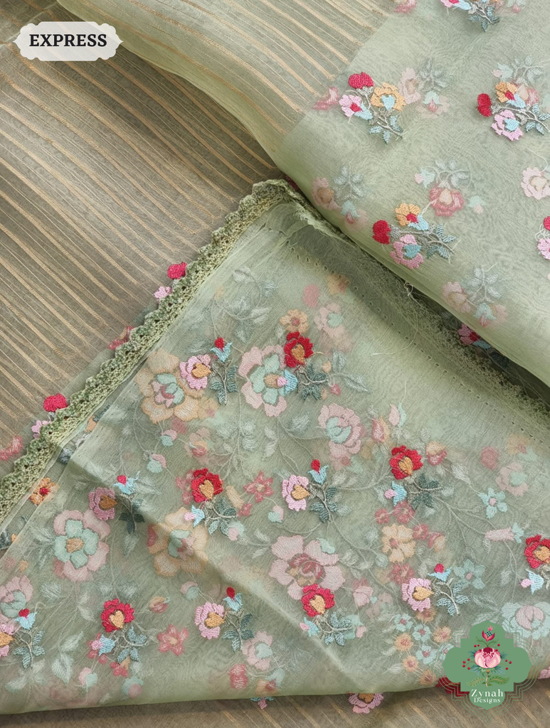 Sage Green Organza Silk Saree 9