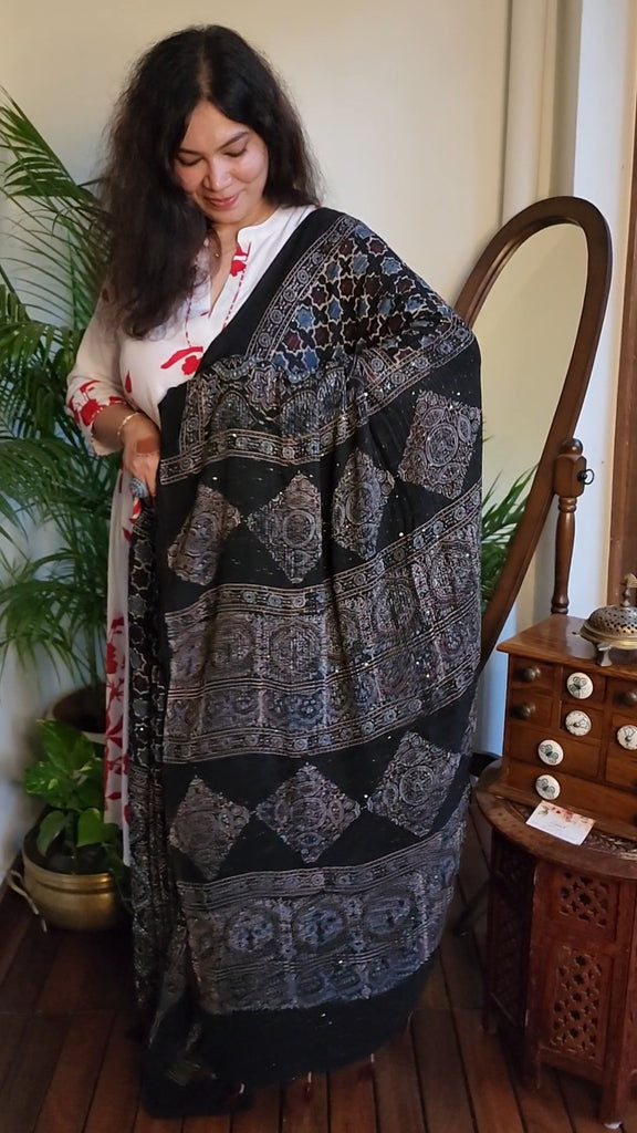 Zynah Black & Indigo Hand-Block Printed Georgette Silk Ajrakh Saree with Sequins Highlight; Custom Stitched/Ready-made Blouse, Fall, Petticoat; SKU: 1704202501