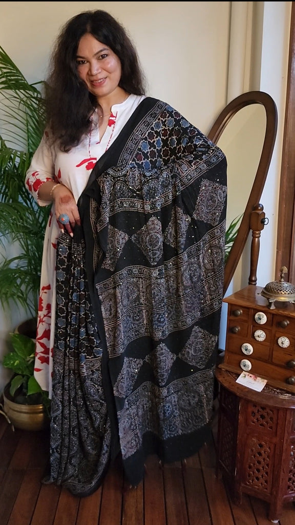 Zynah Black & Indigo Hand-Block Printed Georgette Silk Ajrakh Saree with Sequins Highlight; Custom Stitched/Ready-made Blouse, Fall, Petticoat; SKU: 1704202501