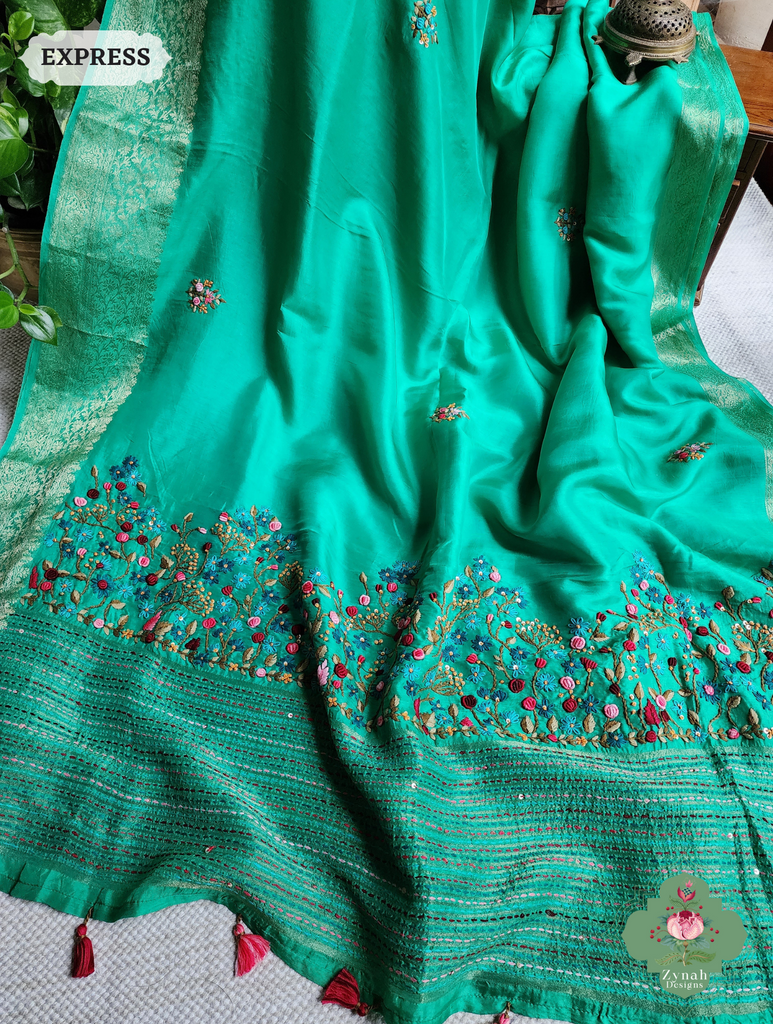 Zynah Sea Green Munga Silk Saree With Zari Border,French Knot & Kantha Hand Embroidery; Custom Stitched/Ready-made Blouse, Fall, Petticoat; SKU: 1111202402
