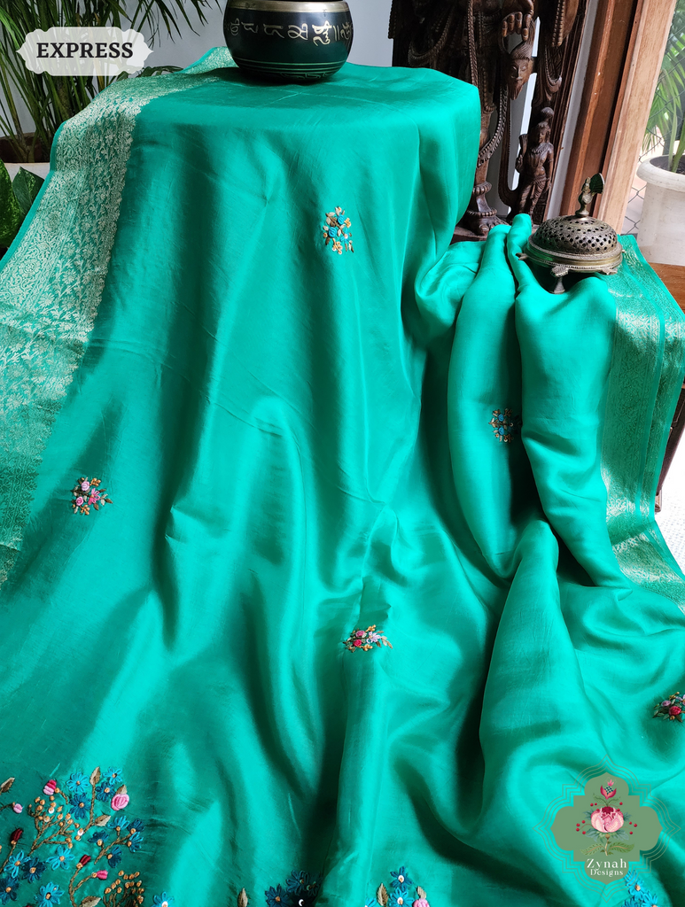 Zynah Sea Green Munga Silk Saree With Zari Border,French Knot & Kantha Hand Embroidery; Custom Stitched/Ready-made Blouse, Fall, Petticoat; SKU: 1111202402