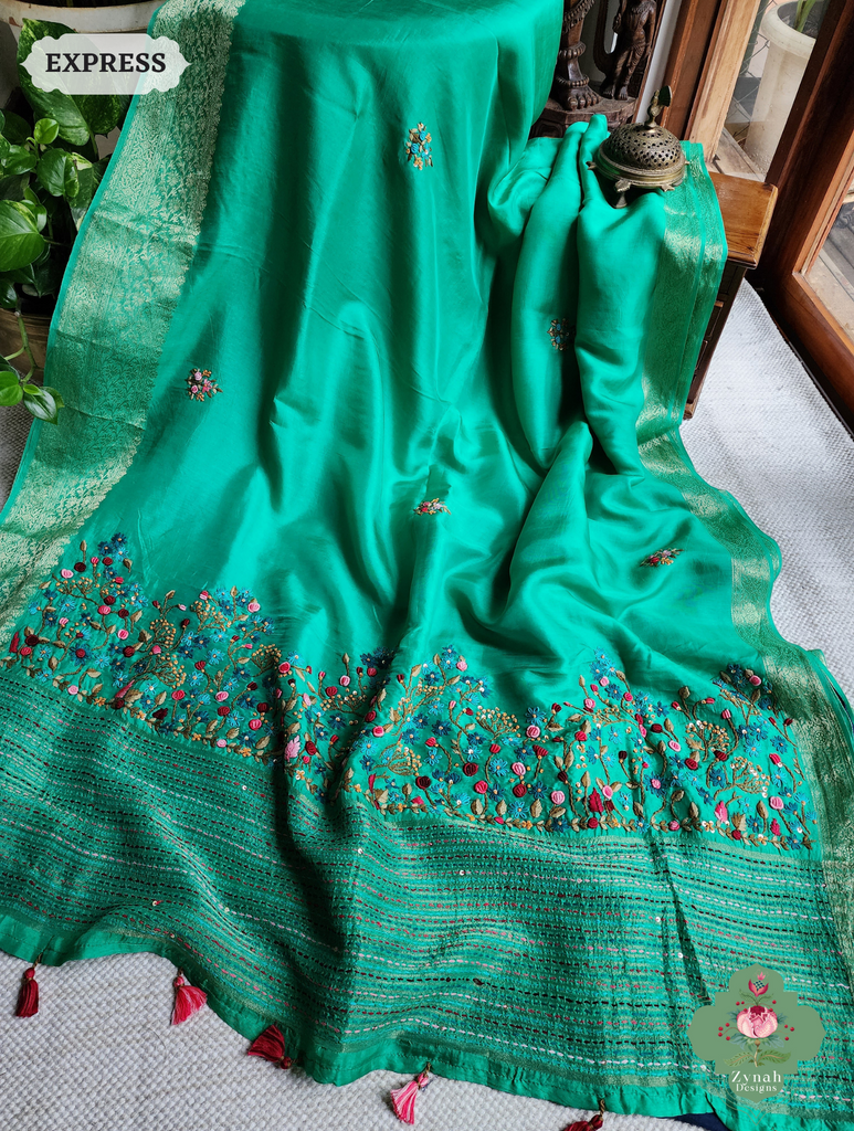 Zynah Sea Green Munga Silk Saree With Zari Border,French Knot & Kantha Hand Embroidery; Custom Stitched/Ready-made Blouse, Fall, Petticoat; SKU: 1111202402