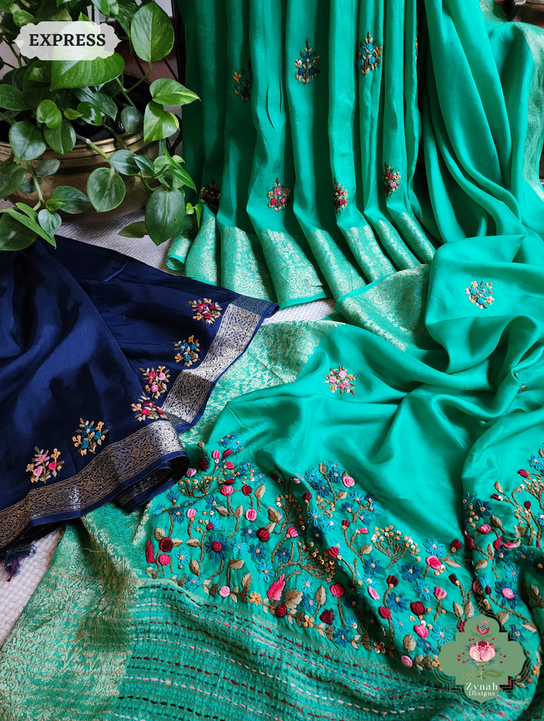 Zynah Sea Green Munga Silk Saree With Zari Border,French Knot & Kantha Hand Embroidery; Custom Stitched/Ready-made Blouse, Fall, Petticoat; SKU: 1111202402
