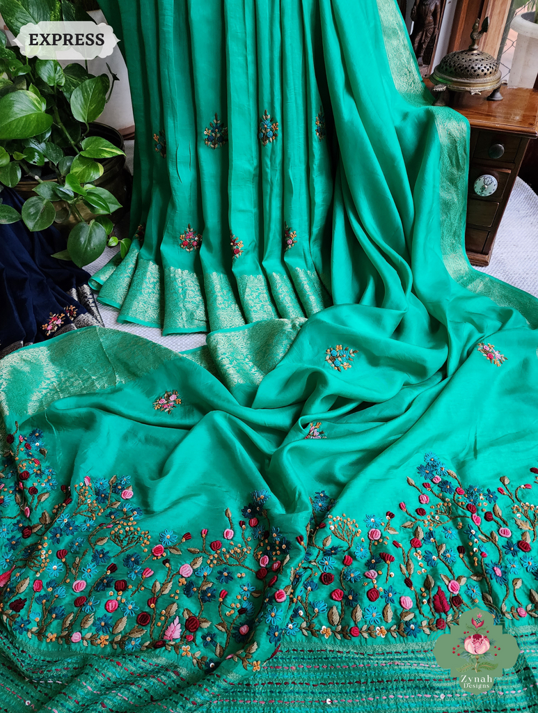 Zynah Sea Green Munga Silk Saree With Zari Border,French Knot & Kantha Hand Embroidery; Custom Stitched/Ready-made Blouse, Fall, Petticoat; SKU: 1111202402