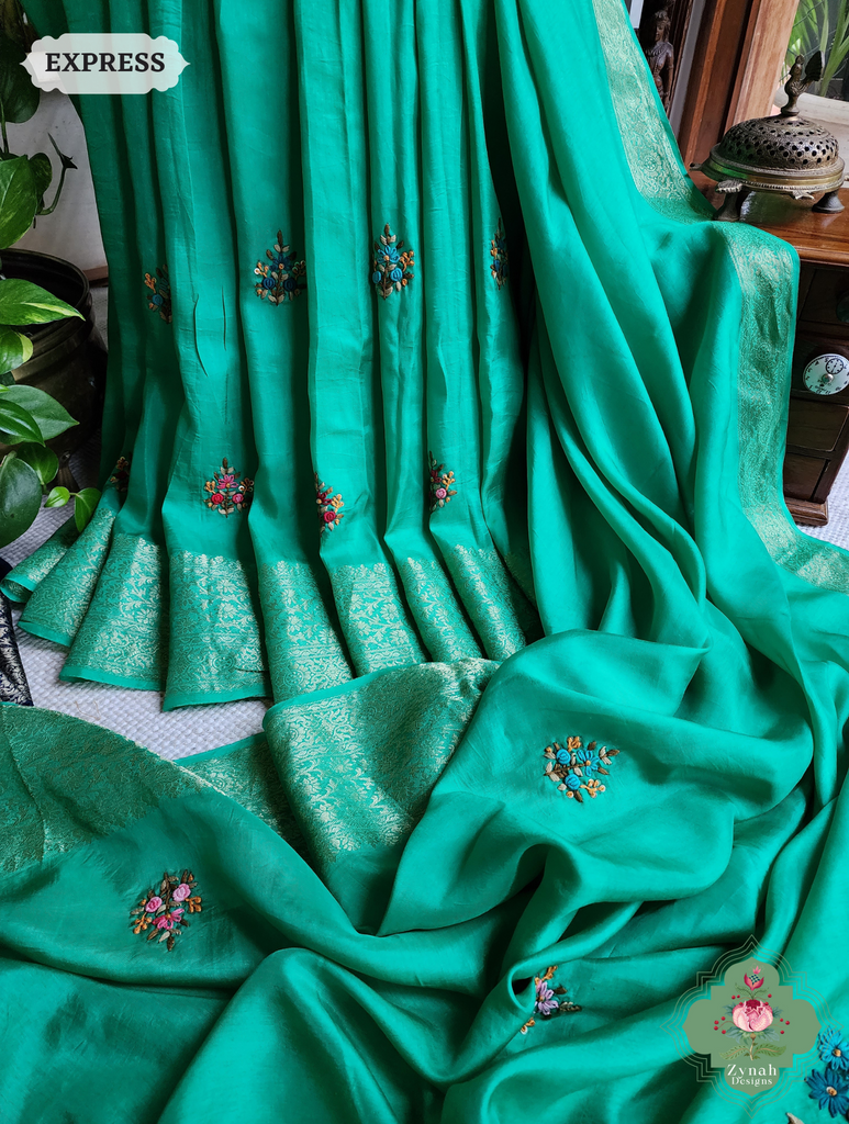 Zynah Sea Green Munga Silk Saree With Zari Border,French Knot & Kantha Hand Embroidery; Custom Stitched/Ready-made Blouse, Fall, Petticoat; SKU: 1111202402