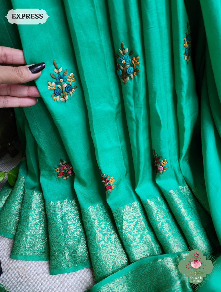 Zynah Sea Green Munga Silk Saree With Zari Border,French Knot & Kantha Hand Embroidery; Custom Stitched/Ready-made Blouse, Fall, Petticoat; SKU: 1111202402