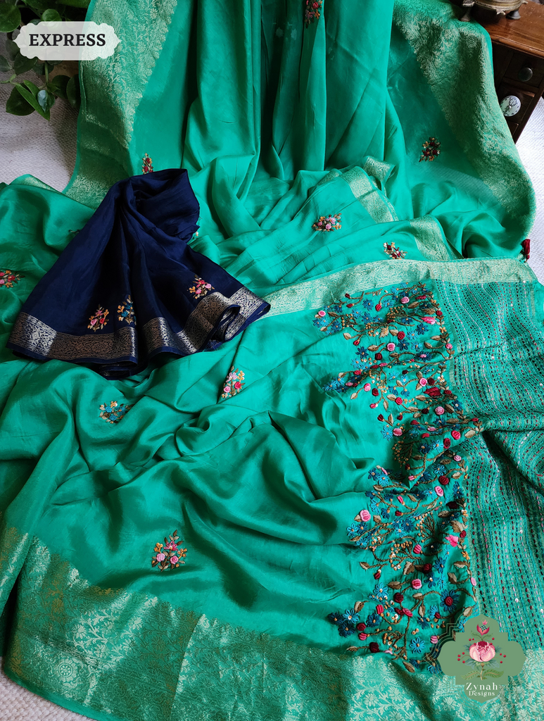Zynah Sea Green Munga Silk Saree With Zari Border,French Knot & Kantha Hand Embroidery; Custom Stitched/Ready-made Blouse, Fall, Petticoat; SKU: 1111202402