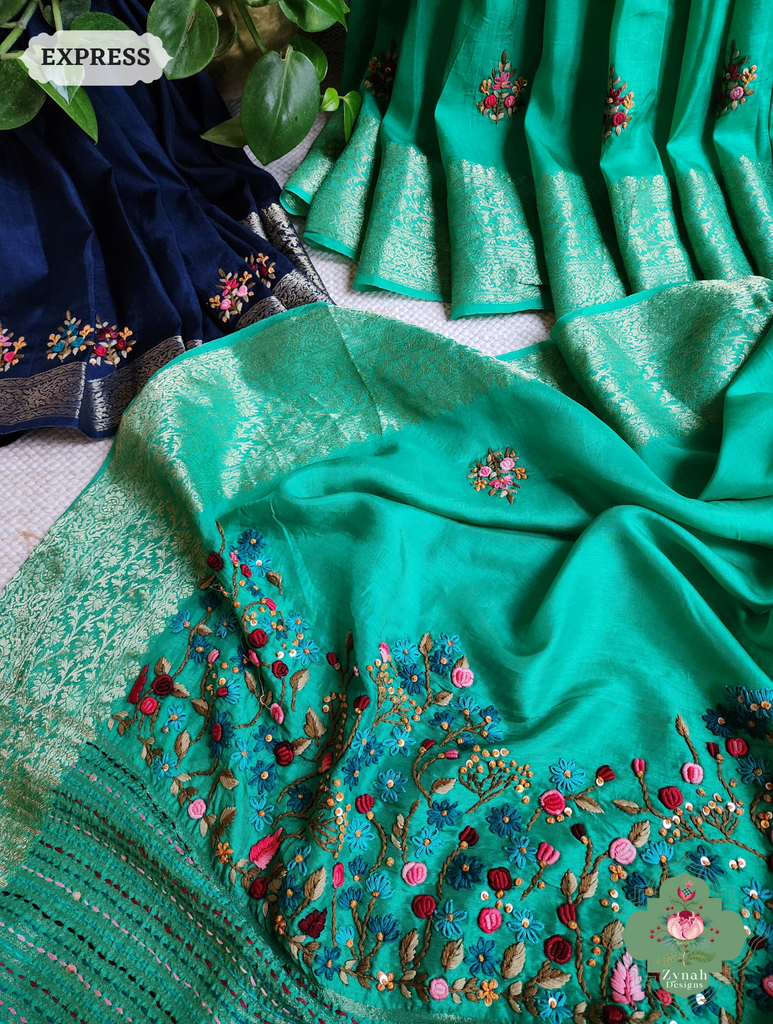 Zynah Sea Green Munga Silk Saree With Zari Border,French Knot & Kantha Hand Embroidery; Custom Stitched/Ready-made Blouse, Fall, Petticoat; SKU: 1111202402