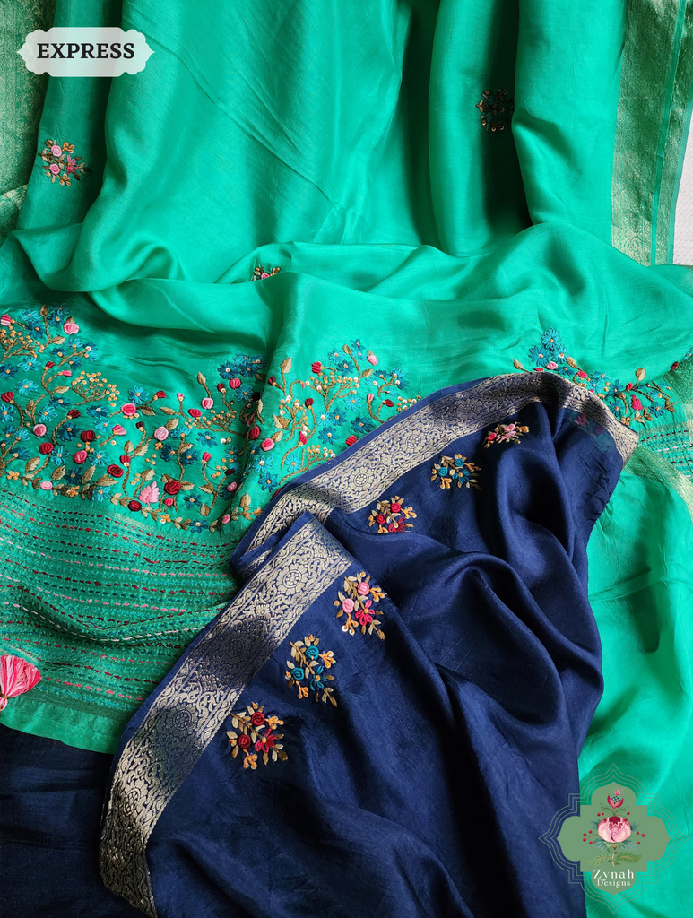 Zynah Sea Green Munga Silk Saree With Zari Border,French Knot & Kantha Hand Embroidery; Custom Stitched/Ready-made Blouse, Fall, Petticoat; SKU: 1111202402
