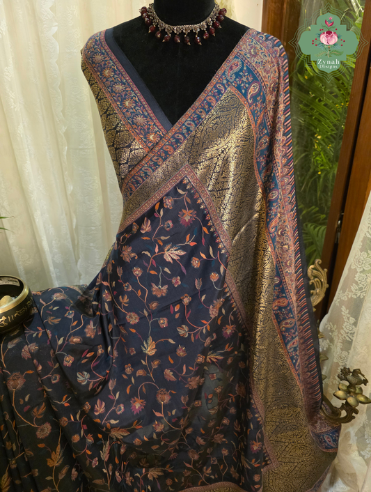 Sharika | Black & Antique Gold Kashmiri Pure Kani Silk Jamavar Weave Saree | Made To Order
