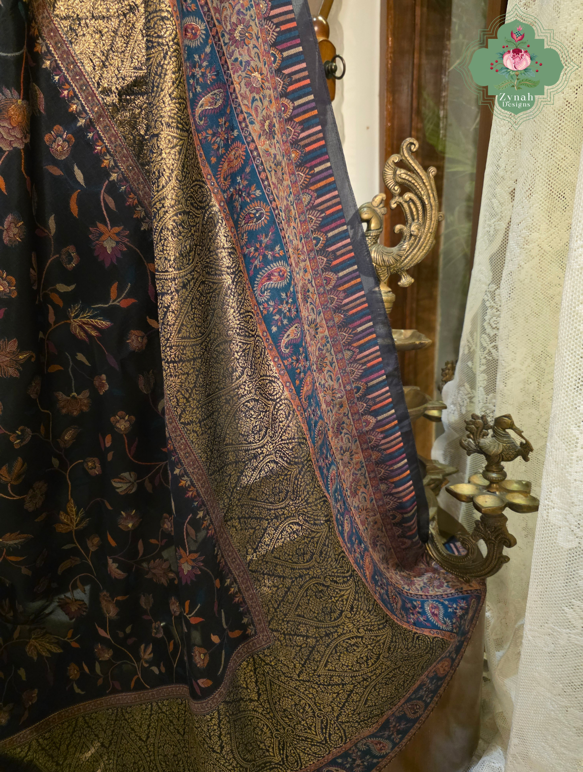 Sharika | Black & Antique Gold Kashmiri Pure Kani Silk Jamavar Weave Saree | Made To Order