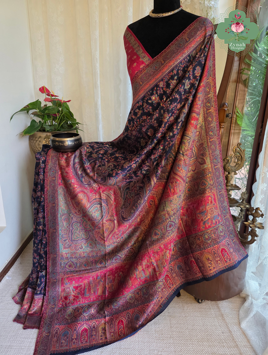 Shreya | Midnight Blue & Ruby Pink Kashmiri Pure Kani Silk Jamavar Weave Saree | Made To Order