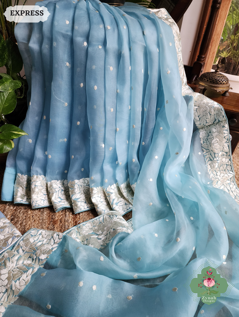 Zynah Sky Blue Organza Silk Hand Embroidered Parsi Gara Saree With Floral Embroidery Border; Custom Stitched/Ready-made Blouse, Fall, Petticoat; SKU: 0912202401