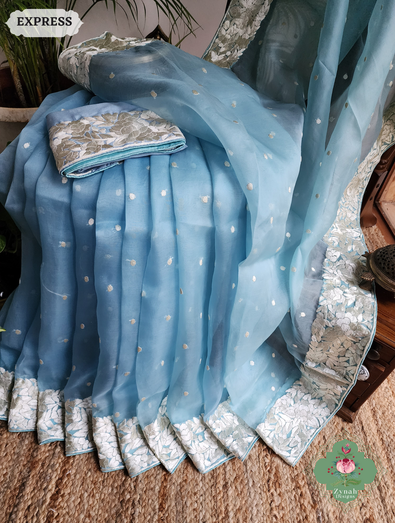 Zynah Sky Blue Organza Silk Hand Embroidered Parsi Gara Saree With Floral Embroidery Border; Custom Stitched/Ready-made Blouse, Fall, Petticoat; SKU: 0912202401