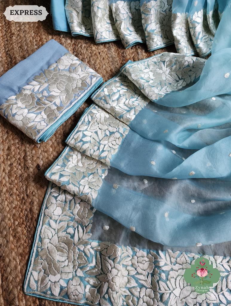 Zynah Sky Blue Organza Silk Hand Embroidered Parsi Gara Saree With Floral Embroidery Border; Custom Stitched/Ready-made Blouse, Fall, Petticoat; SKU: 0912202401