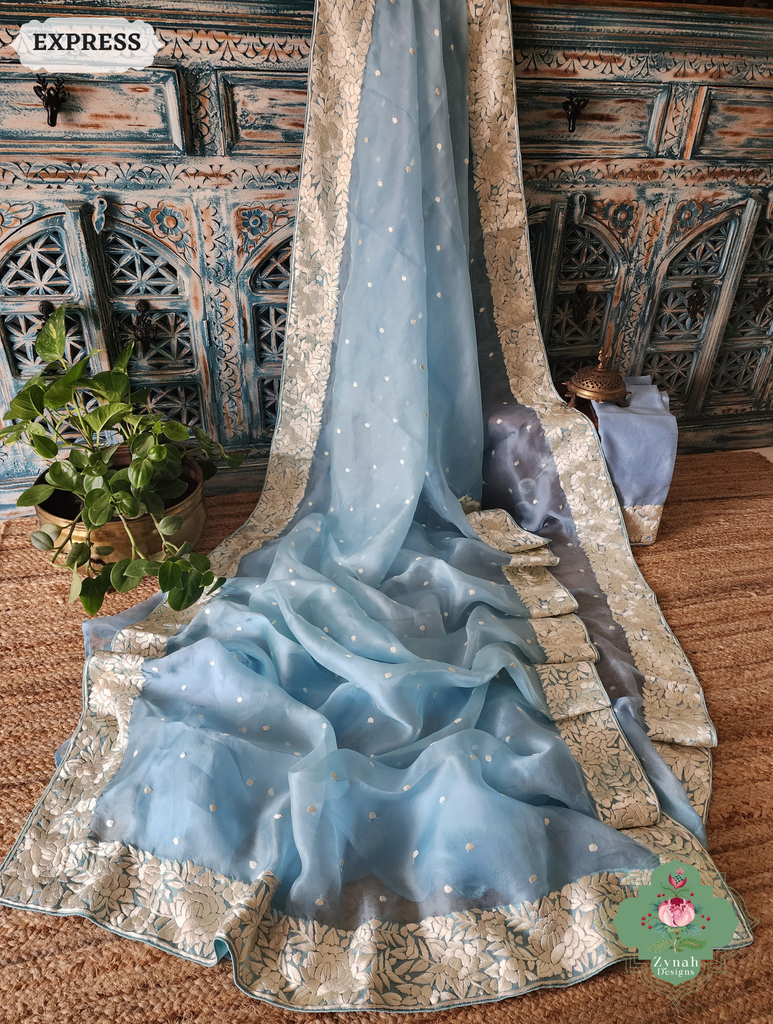 Zynah Sky Blue Organza Silk Hand Embroidered Parsi Gara Saree With Floral Embroidery Border; Custom Stitched/Ready-made Blouse, Fall, Petticoat; SKU: 0912202401