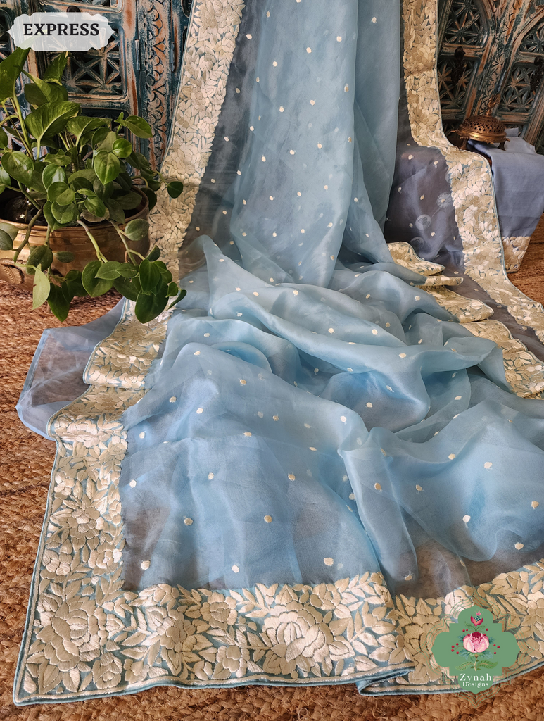 Zynah Sky Blue Organza Silk Hand Embroidered Parsi Gara Saree With Floral Embroidery Border; Custom Stitched/Ready-made Blouse, Fall, Petticoat; SKU: 0912202401