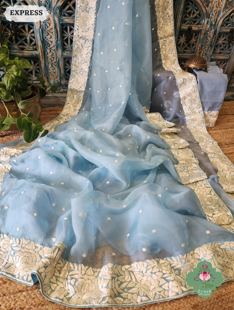 Zynah Sky Blue Organza Silk Hand Embroidered Parsi Gara Saree With Floral Embroidery Border; Custom Stitched/Ready-made Blouse, Fall, Petticoat; SKU: 0912202401