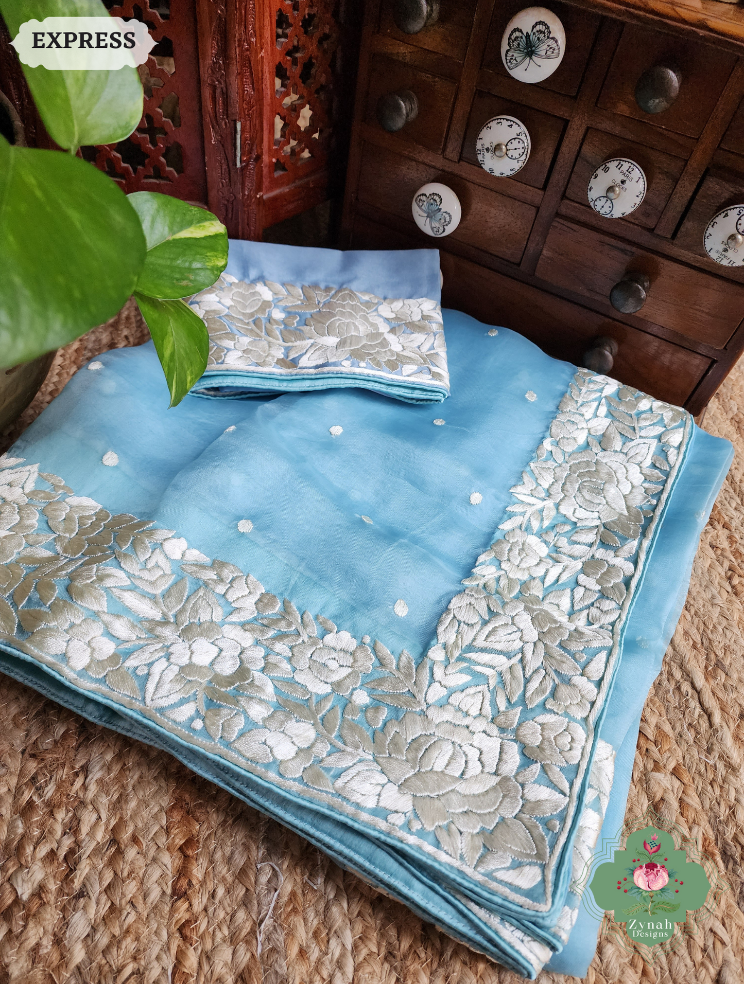 Zynah Sky Blue Organza Silk Hand Embroidered Parsi Gara Saree With Floral Embroidery Border; Custom Stitched/Ready-made Blouse, Fall, Petticoat; SKU: 0912202401