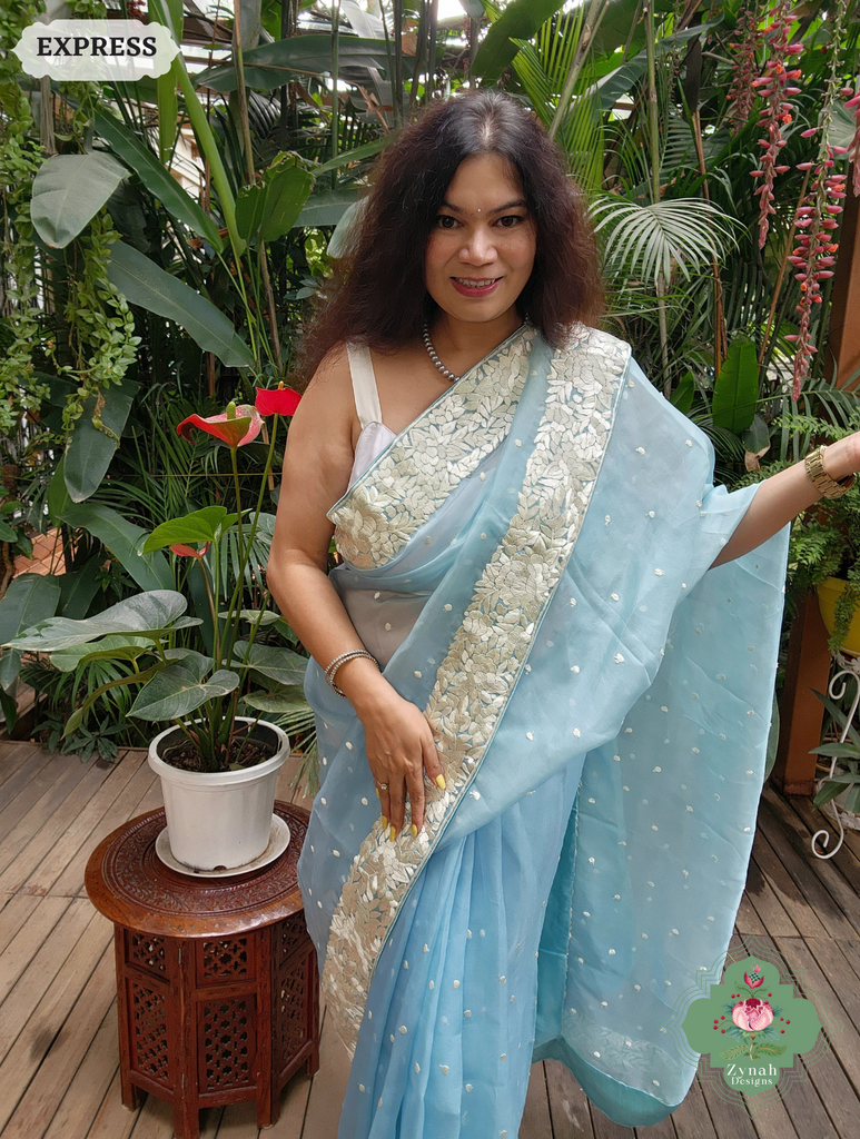 Zynah Sky Blue Organza Silk Hand Embroidered Parsi Gara Saree With Floral Embroidery Border; Custom Stitched/Ready-made Blouse, Fall, Petticoat; SKU: 0912202401