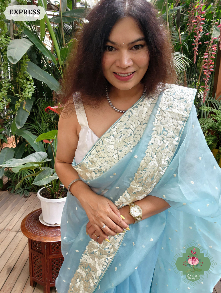 Zynah Sky Blue Organza Silk Hand Embroidered Parsi Gara Saree With Floral Embroidery Border; Custom Stitched/Ready-made Blouse, Fall, Petticoat; SKU: 0912202401