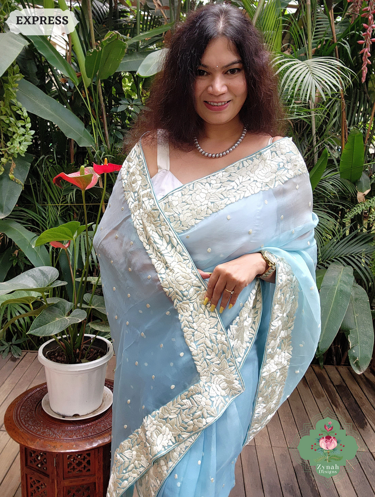 Zynah Sky Blue Organza Silk Hand Embroidered Parsi Gara Saree With Floral Embroidery Border; Custom Stitched/Ready-made Blouse, Fall, Petticoat; SKU: 0912202401