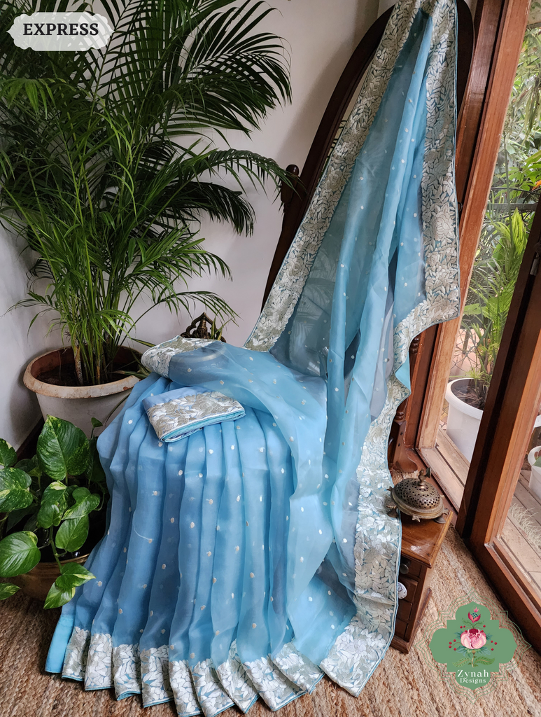 Zynah Sky Blue Organza Silk Hand Embroidered Parsi Gara Saree With Floral Embroidery Border; Custom Stitched/Ready-made Blouse, Fall, Petticoat; SKU: 0912202401