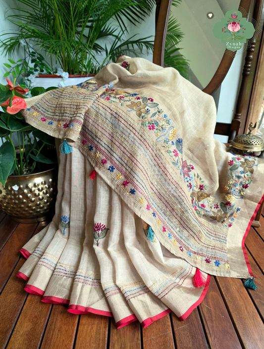 Tara | Hand Painted Beige Linen Tissue Saree With Hand Embroidery