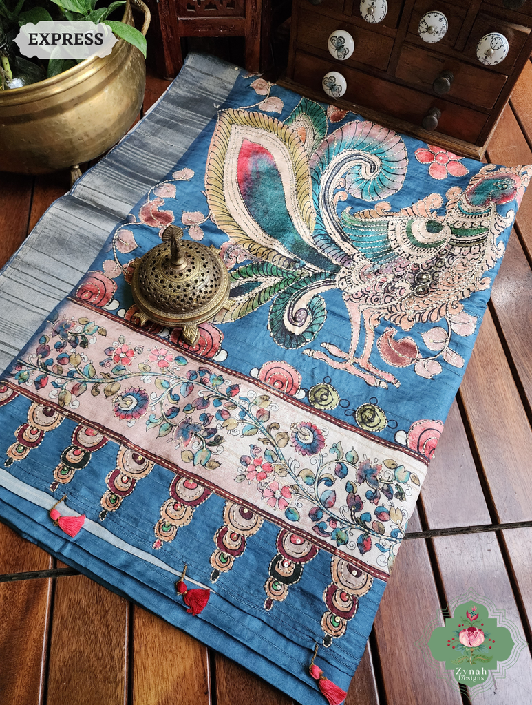 Zynah Teal Blue Jute Linen Saree With Kalamkari Pallu, Kantha & Sequins Highlight & Frenchknot Hand Embroidery; Custom Stitched/Ready-made Blouse, Fall, Petticoat; SKU: 0609202407