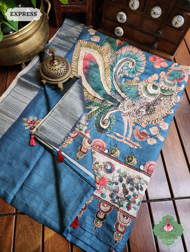 Zynah Teal Blue Jute Linen Saree With Kalamkari Pallu, Kantha & Sequins Highlight & Frenchknot Hand Embroidery; Custom Stitched/Ready-made Blouse, Fall, Petticoat; SKU: 0609202407