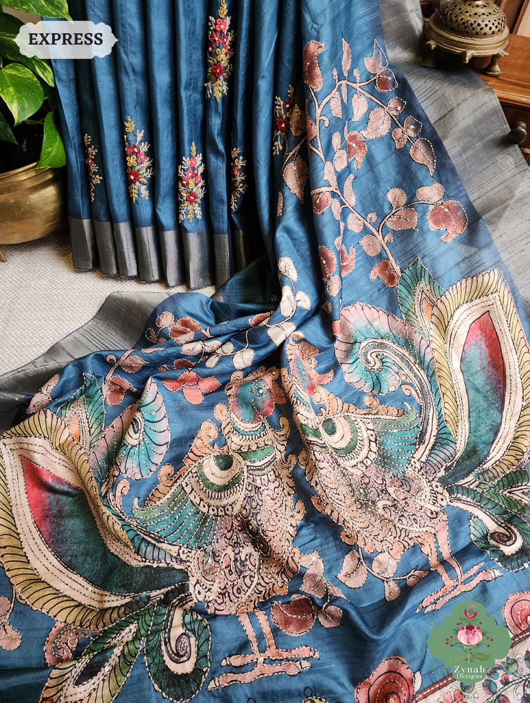 Zynah Teal Blue Jute Linen Saree With Kalamkari Pallu, Kantha & Sequins Highlight & Frenchknot Hand Embroidery; Custom Stitched/Ready-made Blouse, Fall, Petticoat; SKU: 0609202407