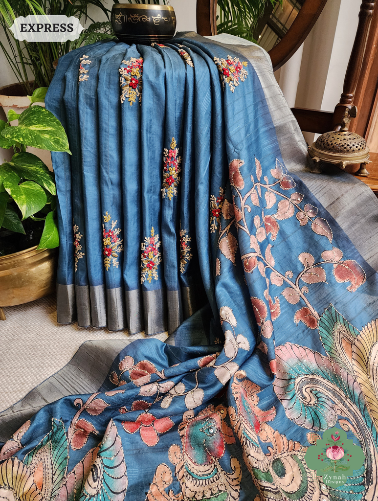 Zynah Teal Blue Jute Linen Saree With Kalamkari Pallu, Kantha & Sequins Highlight & Frenchknot Hand Embroidery; Custom Stitched/Ready-made Blouse, Fall, Petticoat; SKU: 0609202407