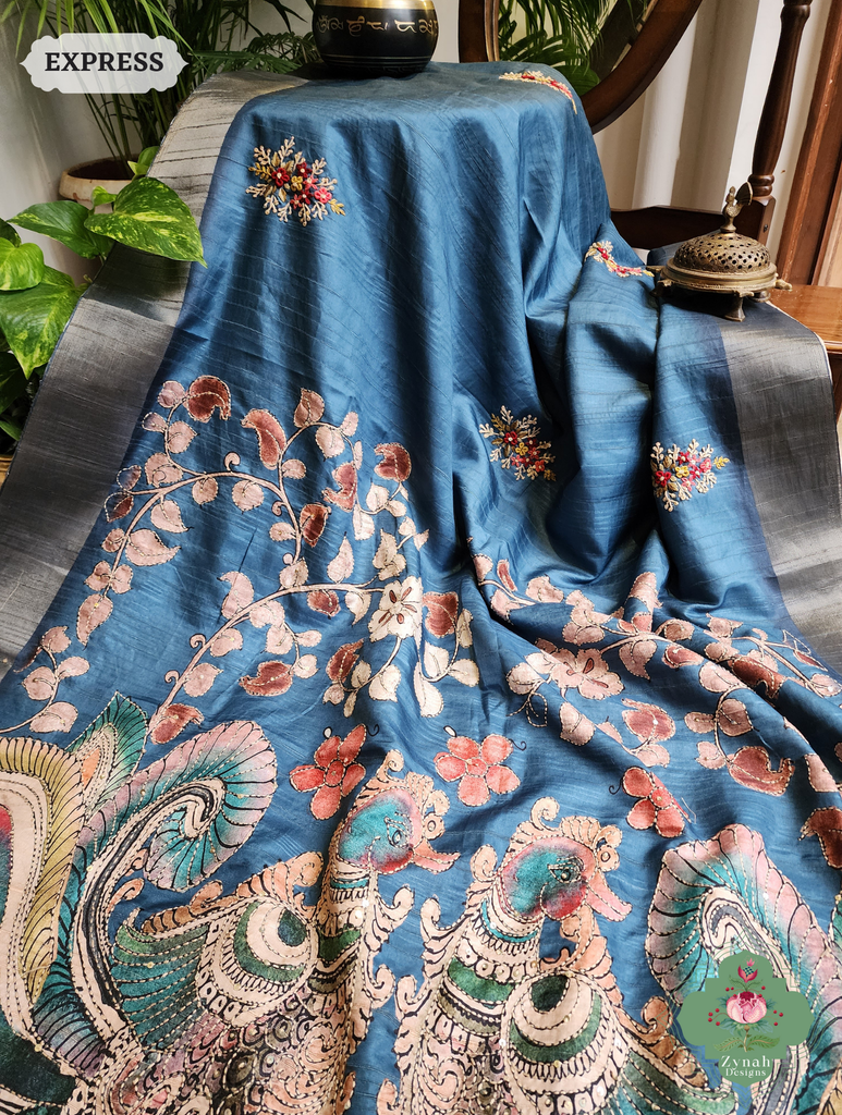 Zynah Teal Blue Jute Linen Saree With Kalamkari Pallu, Kantha & Sequins Highlight & Frenchknot Hand Embroidery; Custom Stitched/Ready-made Blouse, Fall, Petticoat; SKU: 0609202407