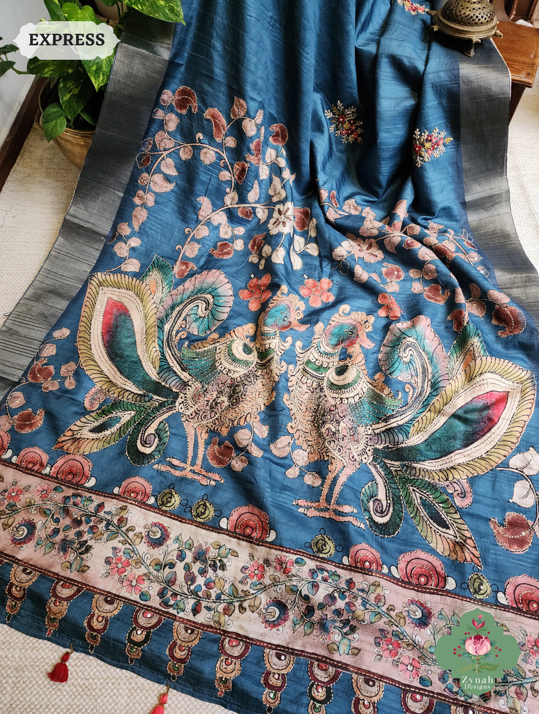 Zynah Teal Blue Jute Linen Saree With Kalamkari Pallu, Kantha & Sequins Highlight & Frenchknot Hand Embroidery; Custom Stitched/Ready-made Blouse, Fall, Petticoat; SKU: 0609202407