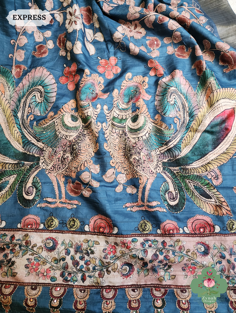 Zynah Teal Blue Jute Linen Saree With Kalamkari Pallu, Kantha & Sequins Highlight & Frenchknot Hand Embroidery; Custom Stitched/Ready-made Blouse, Fall, Petticoat; SKU: 0609202407
