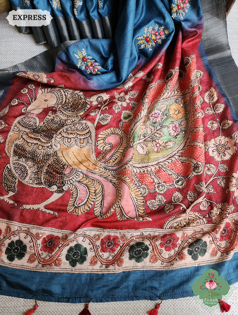Zynah Teal Blue Jute Linen Saree With Red Kalamkari Pallu, Kantha & Sequins Highlight & Frenchknot Hand Embroidery; Custom Stitched/Ready-made Blouse, Fall, Petticoat; SKU: 0609202408