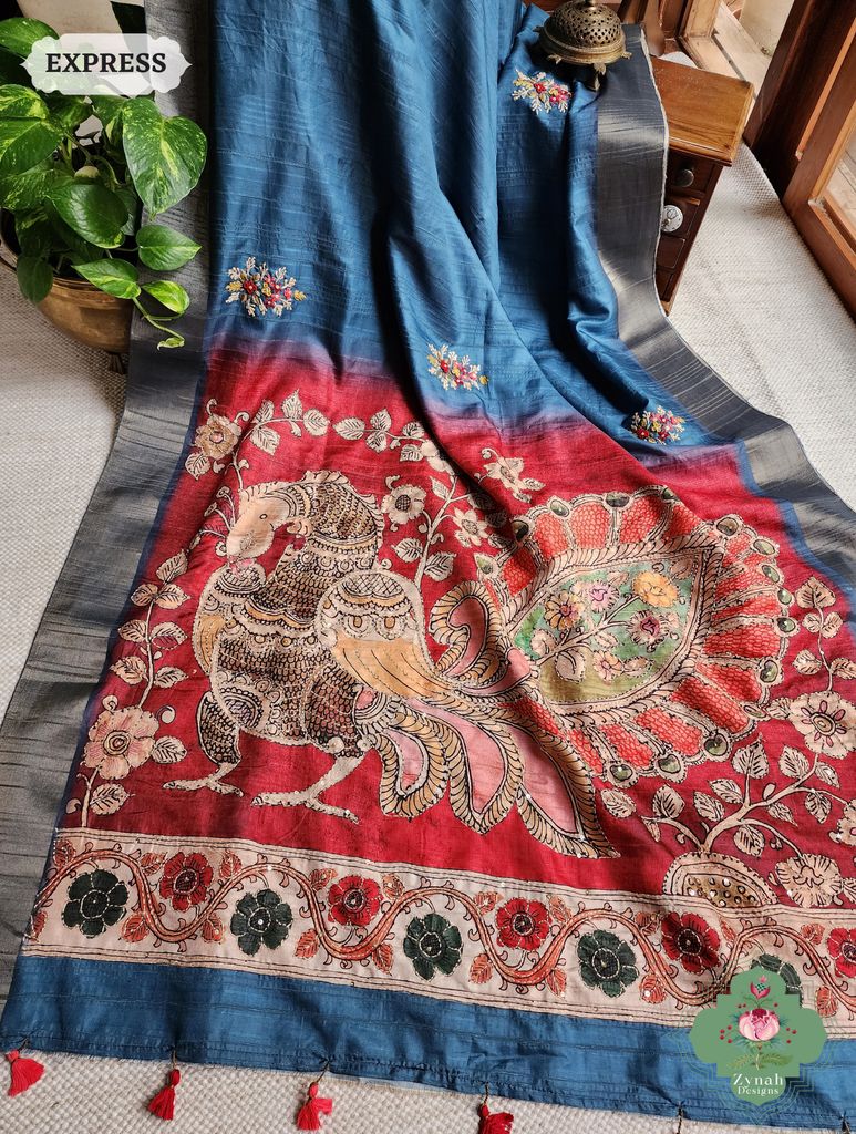 Zynah Teal Blue Jute Linen Saree With Red Kalamkari Pallu, Kantha & Sequins Highlight & Frenchknot Hand Embroidery; Custom Stitched/Ready-made Blouse, Fall, Petticoat; SKU: 0609202408