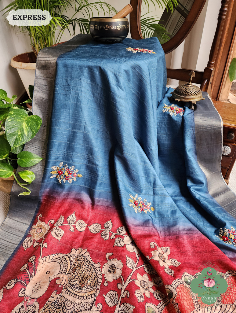 Zynah Teal Blue Jute Linen Saree With Red Kalamkari Pallu, Kantha & Sequins Highlight & Frenchknot Hand Embroidery; Custom Stitched/Ready-made Blouse, Fall, Petticoat; SKU: 0609202408