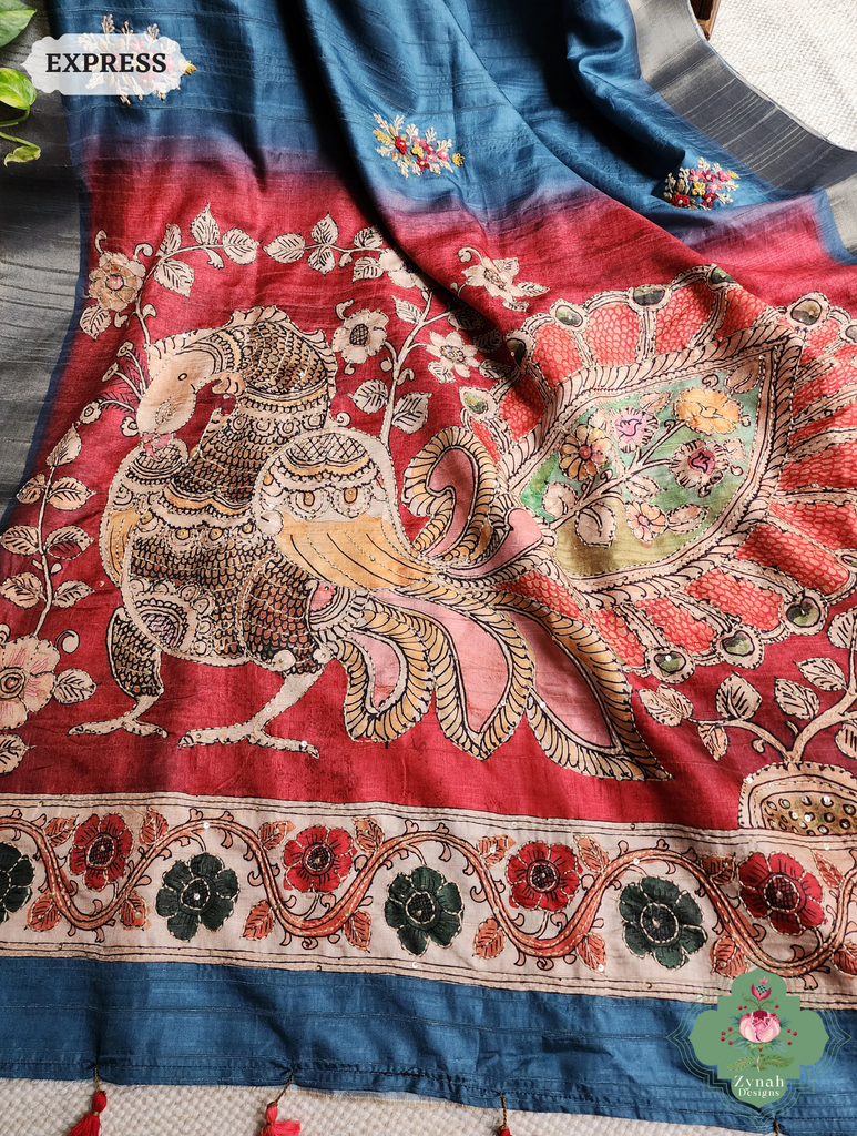 Zynah Teal Blue Jute Linen Saree With Red Kalamkari Pallu, Kantha & Sequins Highlight & Frenchknot Hand Embroidery; Custom Stitched/Ready-made Blouse, Fall, Petticoat; SKU: 0609202408